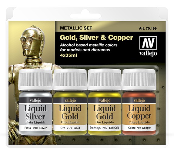 Boxart Gold, Silver & Copper 70.199 Vallejo Liquid Gold